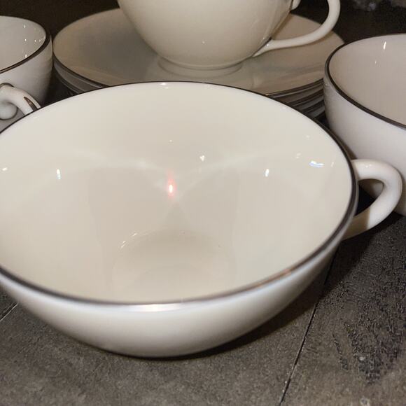 Olympia Platinum by Lenox Flat Cup & Saucer Set of 4 USA White w/ Silver Rim - Picture 4 of 10